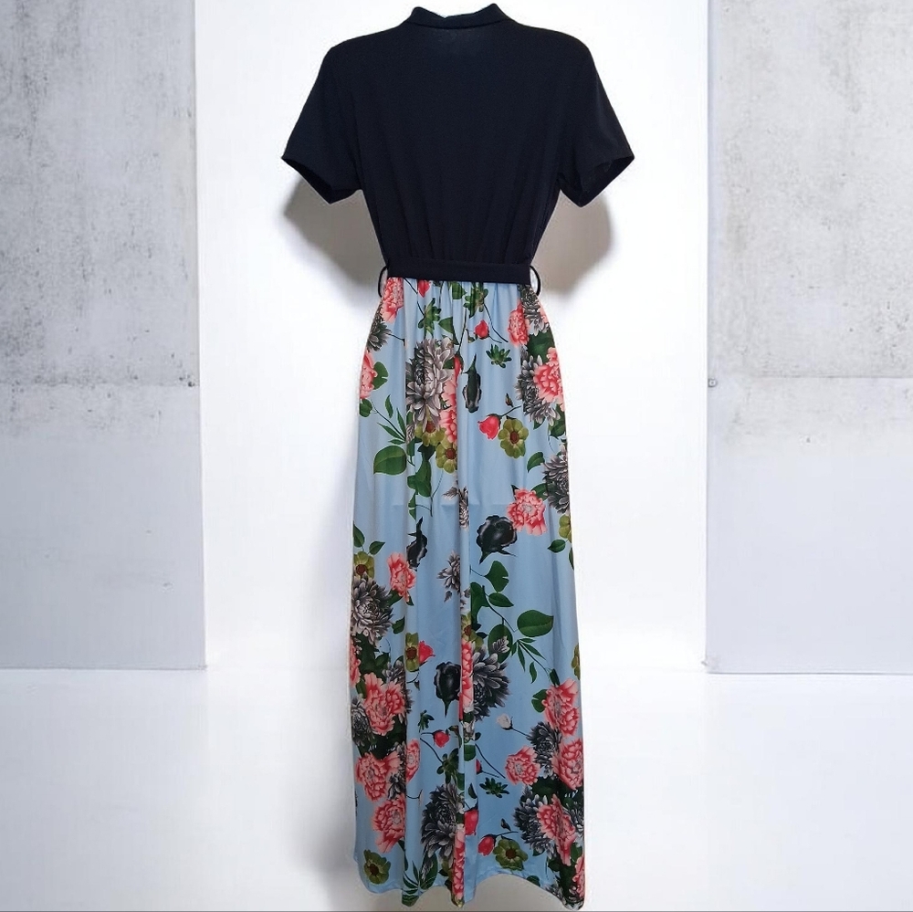 Elegant Navy Blue and Pink Floral Elastic Waist Tall Maxi Dress. - Picture 2 of 7